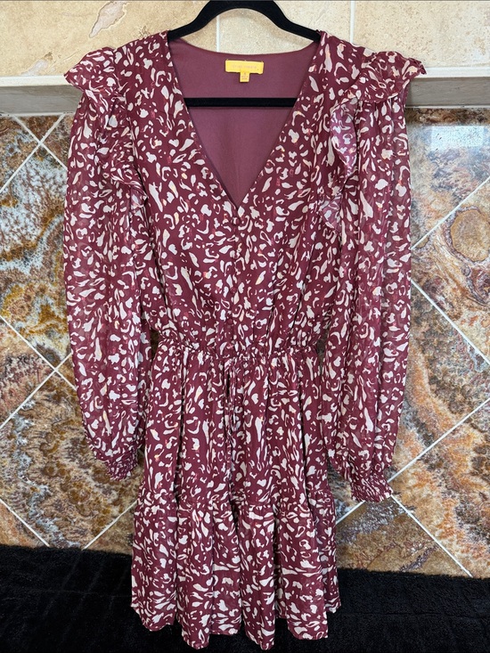 Flying Tomato Dresses & Skirts - Flying Tomato Burgundy Abstract Animal Print Ruffle Wrap Dress NWOT Size S